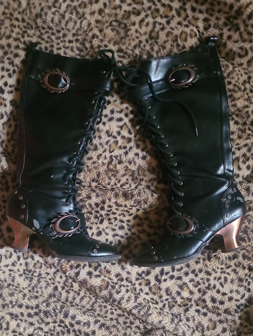 Vintage Black Lace-Up Mid-Calf Boots with Bronze Accents